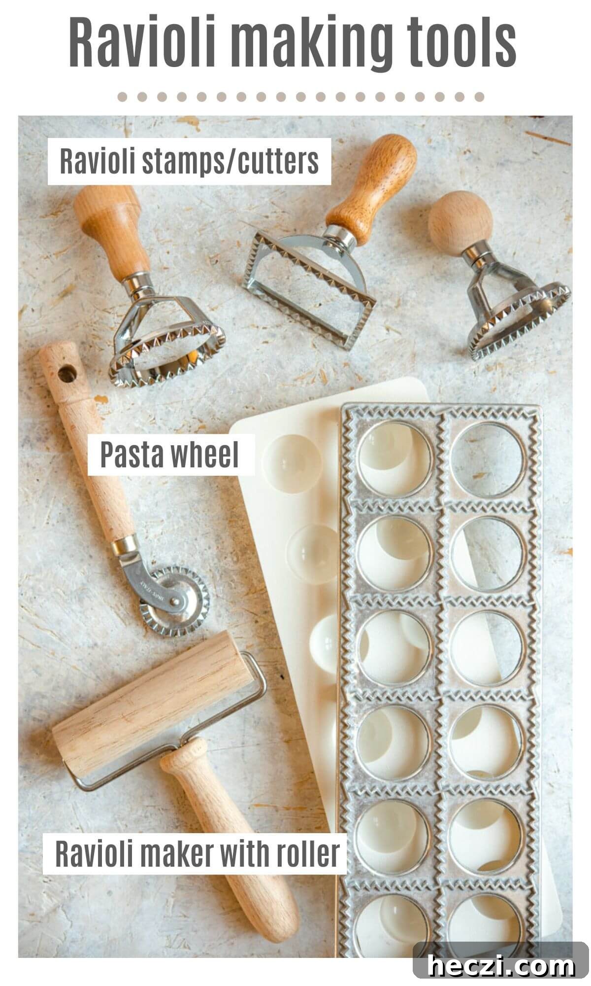 An overhead shot of ravioli making tools labelled; ravioli stamps/cutters, pasta wheels and ravioli maker with roller.;