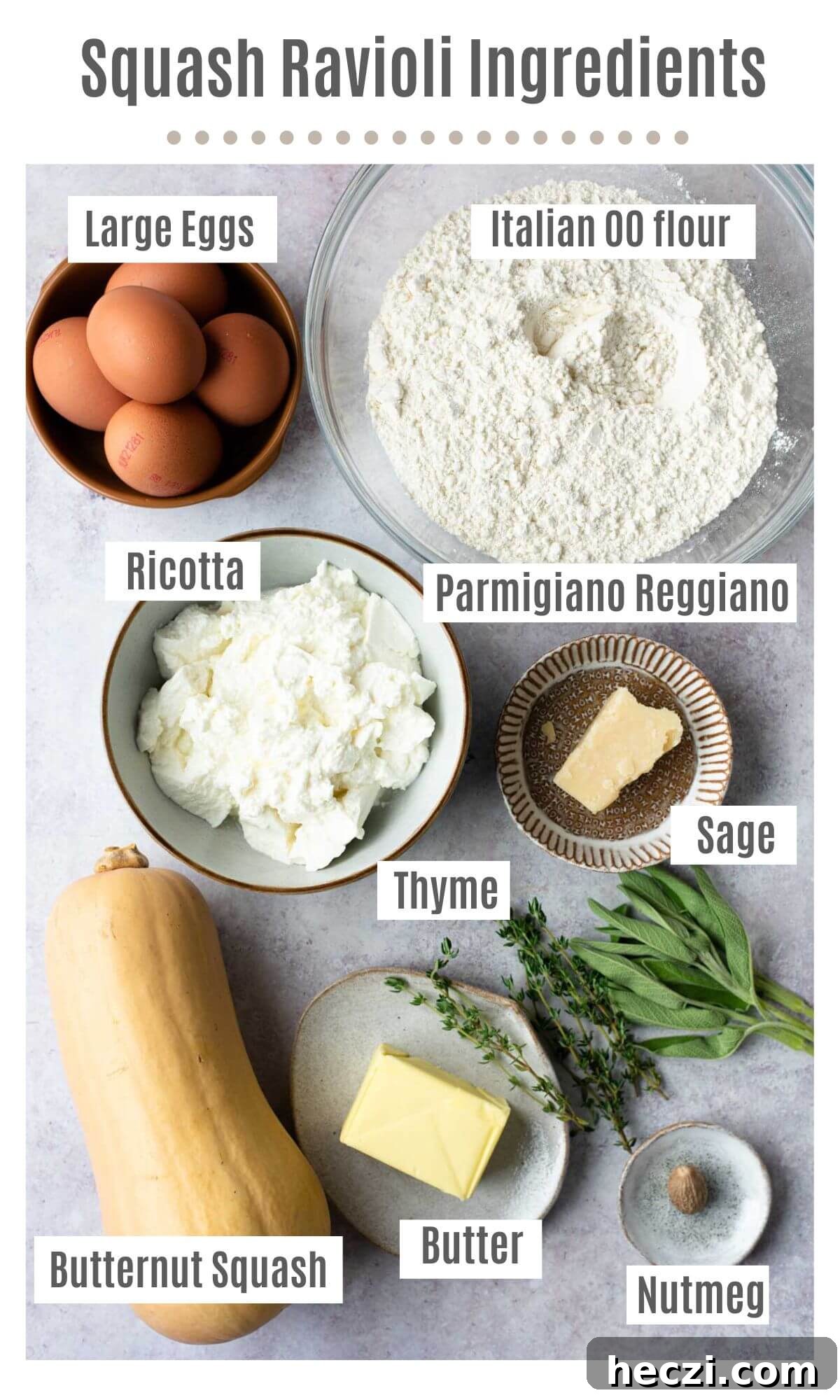 An overhead image showing all the ingredients needed to make butternut squash ravioli labelled; large eggs, Italian 00 flour,, ricotta, Parmigiano Reggiano, butternut squash, sage, thyme, butter, nutmeg.