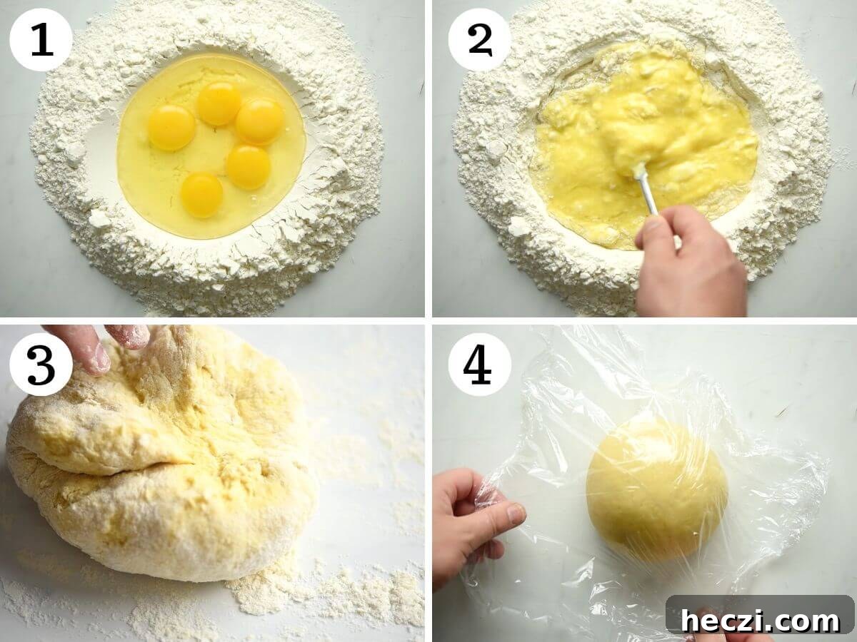 Four photos in a collage showing how to make homemade pasta dough from scratch.