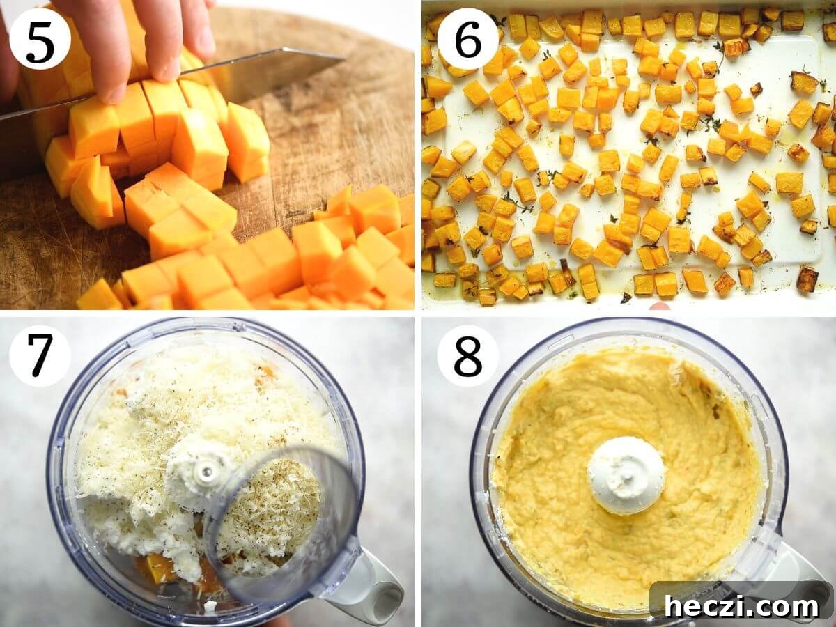 Four photos in a collage showing how to roast butternut squash a make it into a ravioli filling.