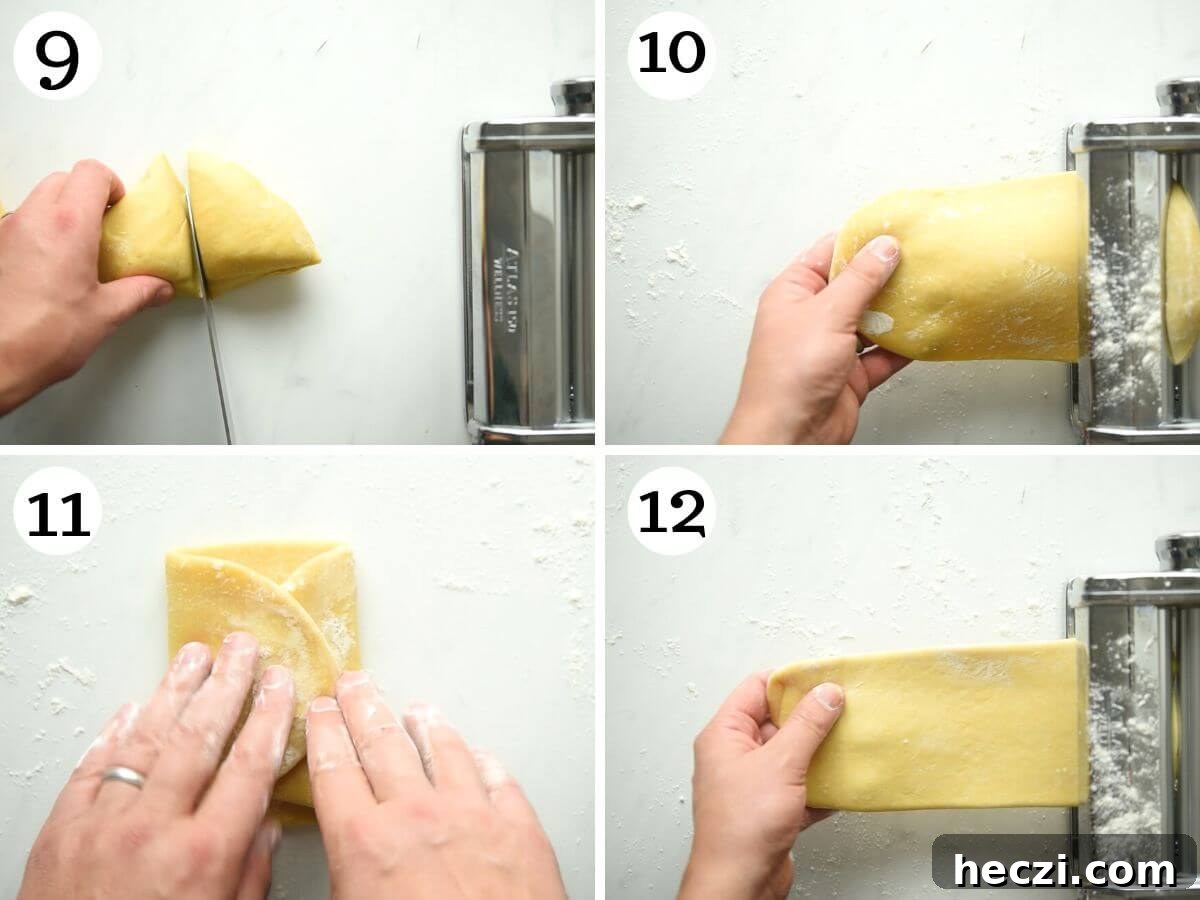 Four photos in a collage showing how to roll out pasta dough using a pasta machine.