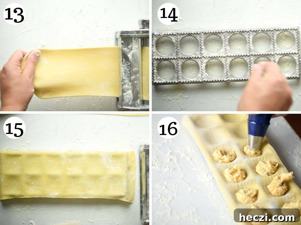 Four photos in a collage showing how to use a ravioli maker.