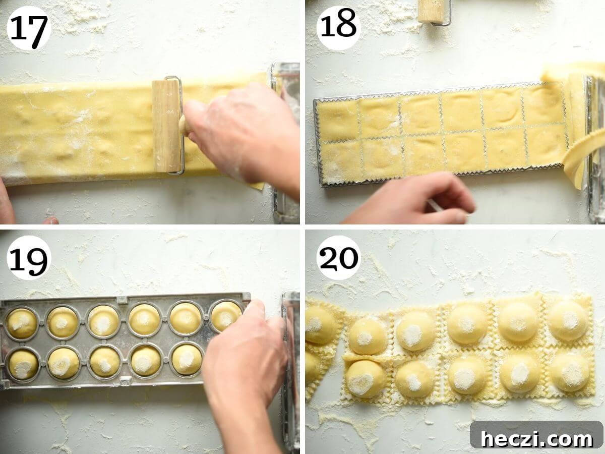 Four photos in a collage showing how to fill and seal butternut squash ravioli.