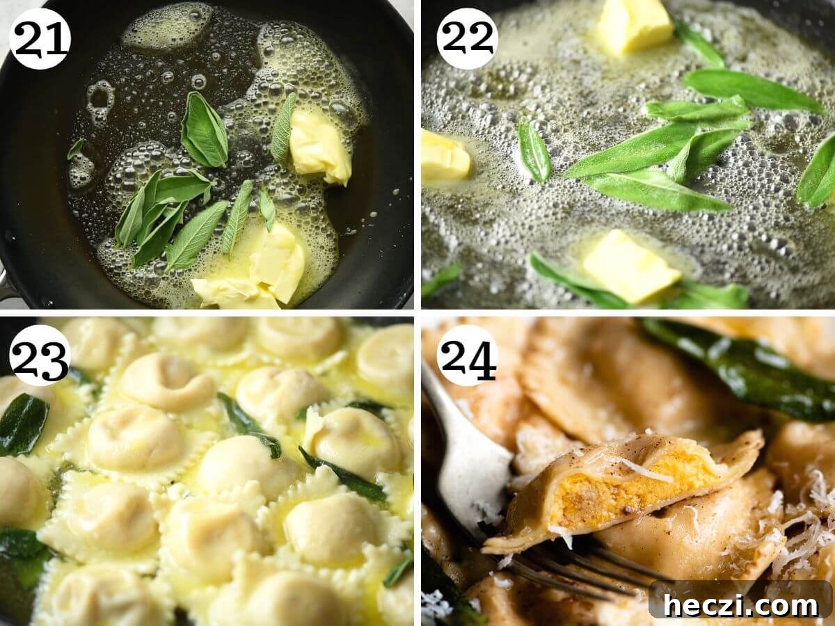 Four photos in a collage showing how to make a brown butter and sage sauce for ravioli.