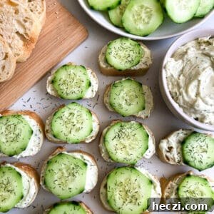 Dill and cucumber baguettes with sliced cucumbers and cream cheese spread