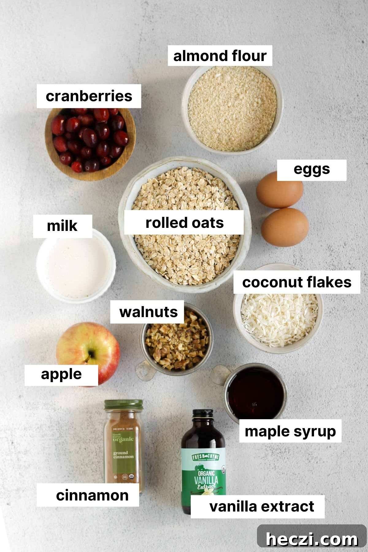 Labeled ingredients for cranberry apple breakfast cookies.