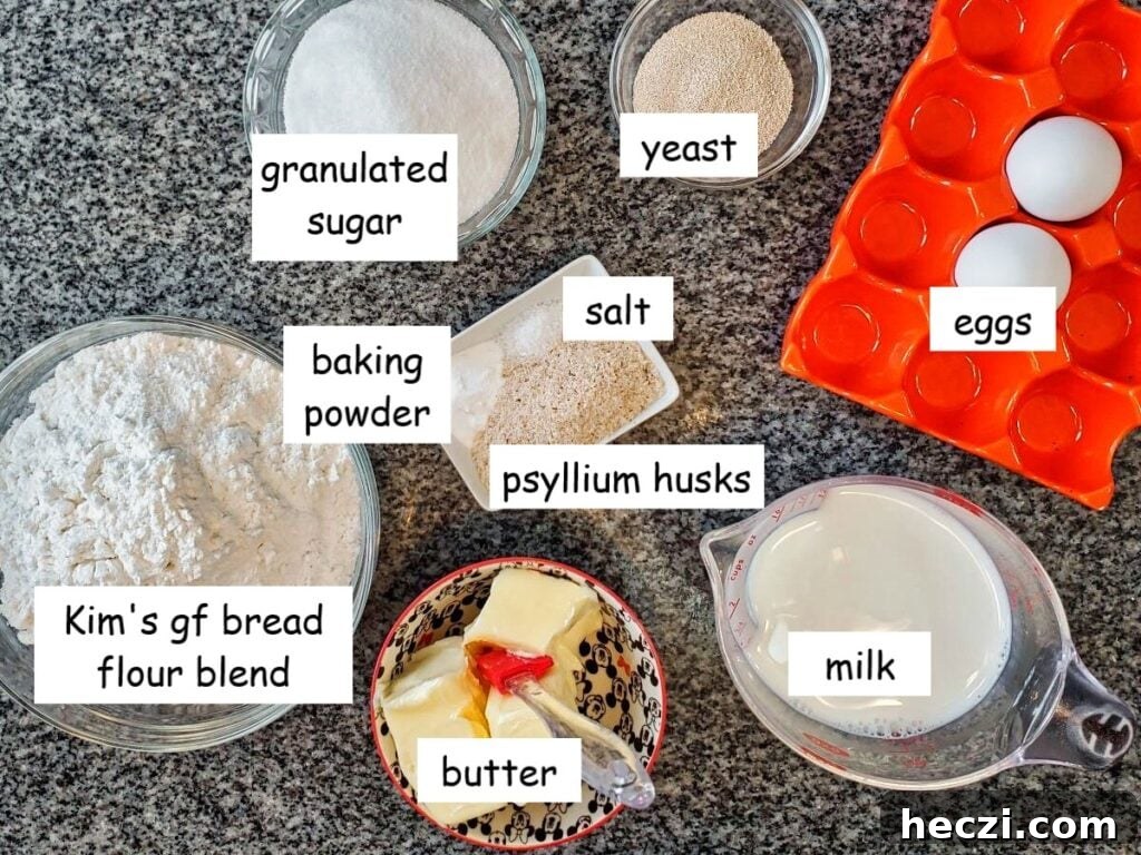 Light and Fluffy Gluten-Free Yeast Donuts Recipe 3 ingredients individually measured and labeled on granite countertop.