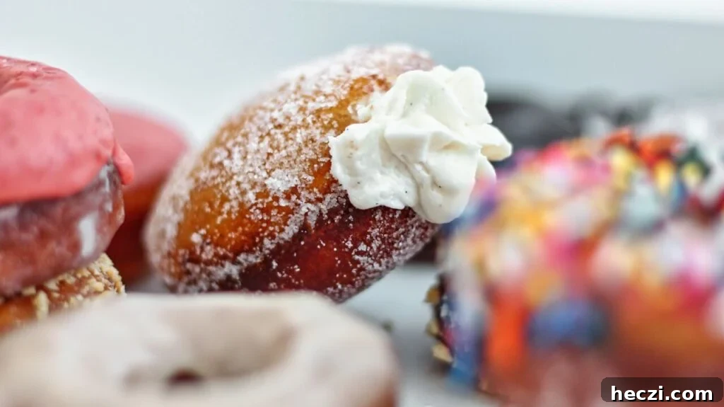 Light and Fluffy Gluten-Free Yeast Donuts Recipe 6 several varieties of gf yeast donuts in white box, focused in on cream-filled donut in the middle.