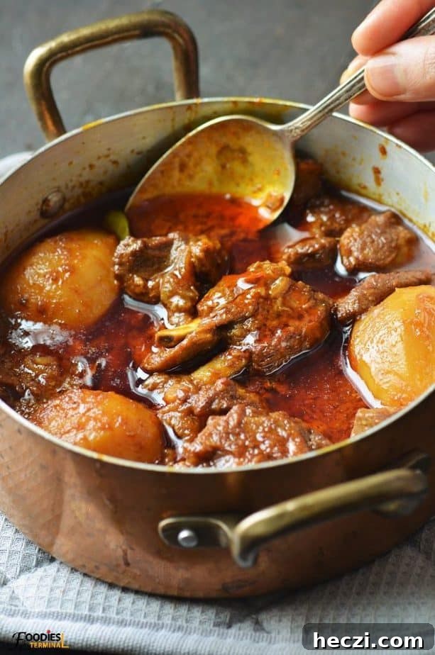 Aloo Gosht: Tender Lamb Curry with Potatoes Recipe 2 Aloo Gosht served in a copper pot with brass handles and a spoon