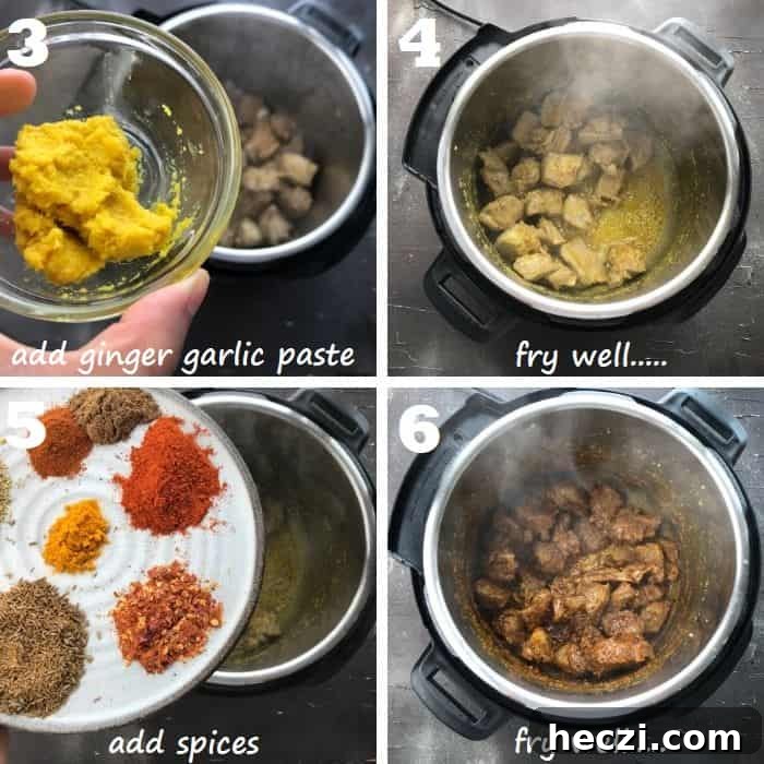 Aloo Gosht: Tender Lamb Curry with Potatoes Recipe 9 Process of frying the mutton.