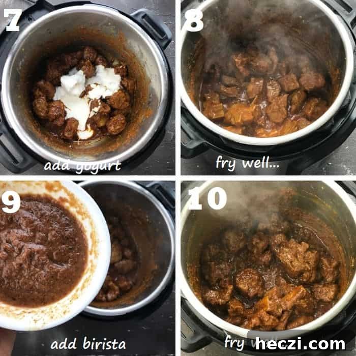 Aloo Gosht: Tender Lamb Curry with Potatoes Recipe 10 Process of adding yogurt and barista.