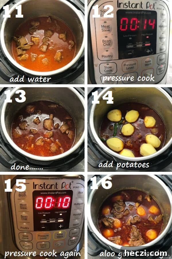 Aloo Gosht: Tender Lamb Curry with Potatoes Recipe 11 process of adding water and pressure cooking in instant pot.