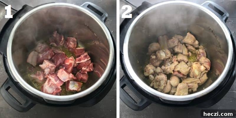 Aloo Gosht: Tender Lamb Curry with Potatoes Recipe 8 Sauce the mutton pieces in the instant pot.