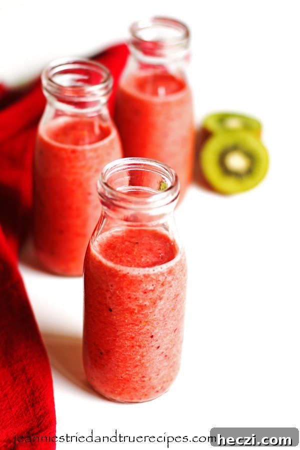 Refreshing Fruit Smoothie Recipes for Energy and Flavor 2 Smoothie in three glasses with sliced kiwi and a red napkin next the the glasses