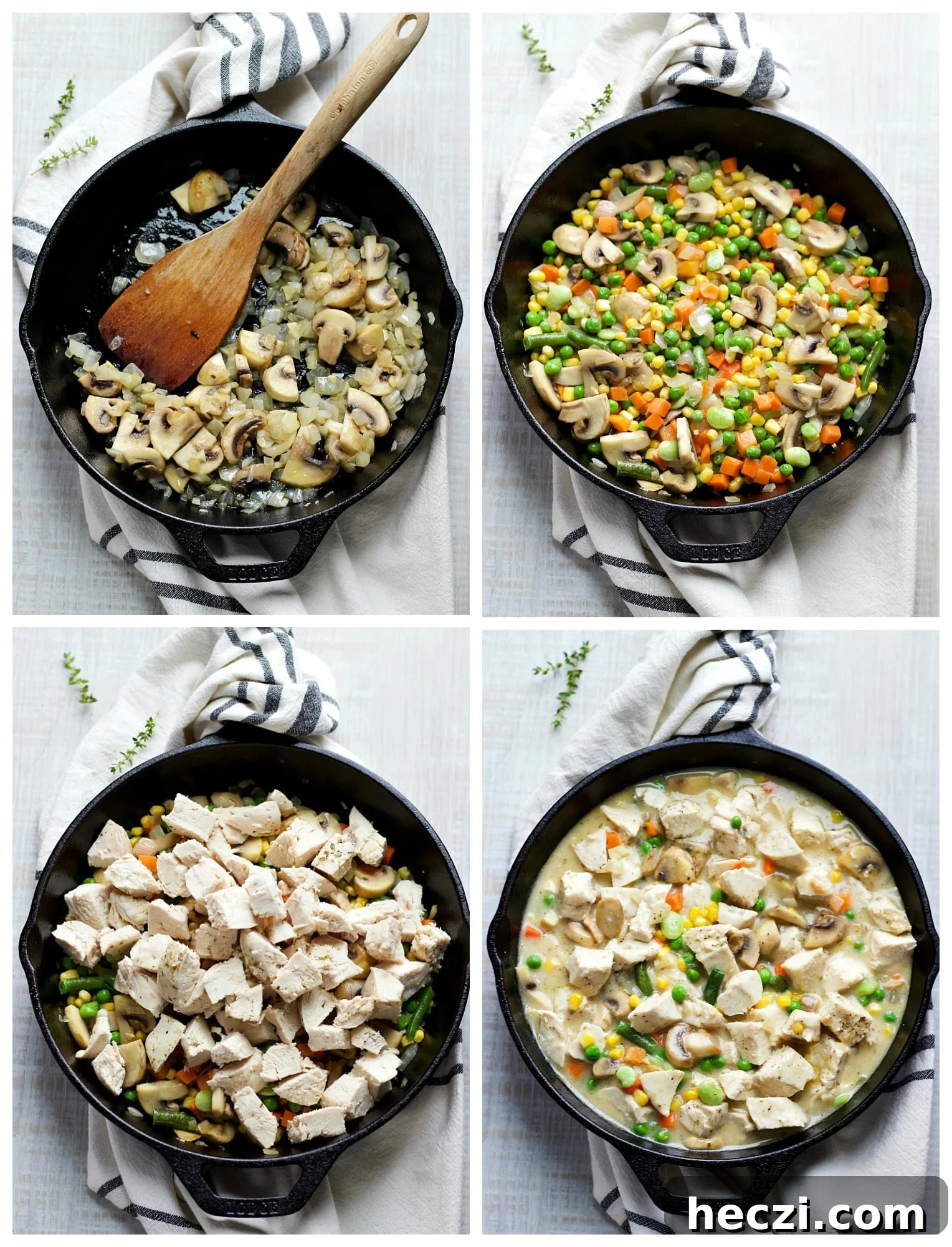 How To Make Skillet Chicken Pot Pie; veggies in a black cast iron skillet, then chicken and veggies and then chicken, veggies and cream of mushroom soup.