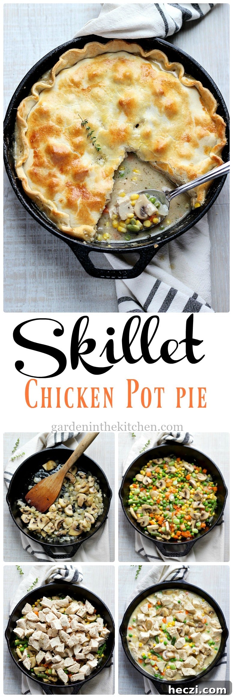 Skillet Chicken Pot Pie in a black cast iron pan with a spoon and white and black dish towel.