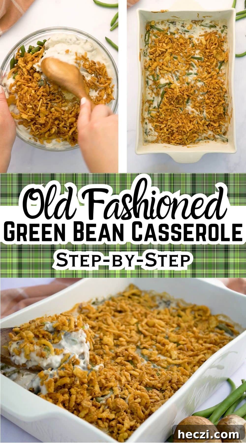 making green bean casserole and finished green bean casserole with text