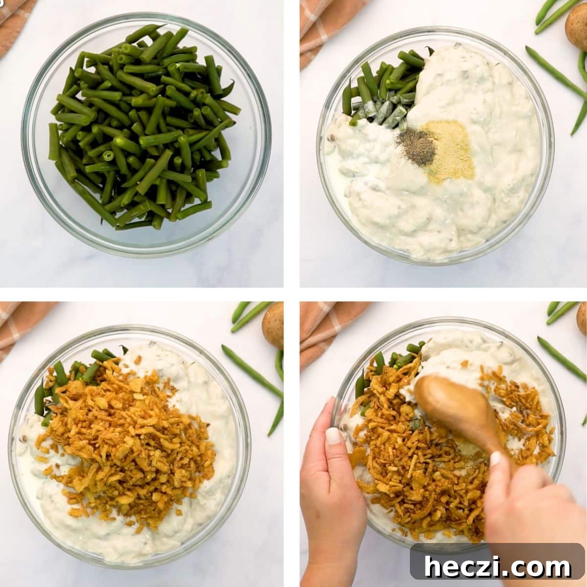 how to make the best greenbean casserole! start with fresh green beans, add cream of mushroom, garlic, pepper, and fried onions, stir