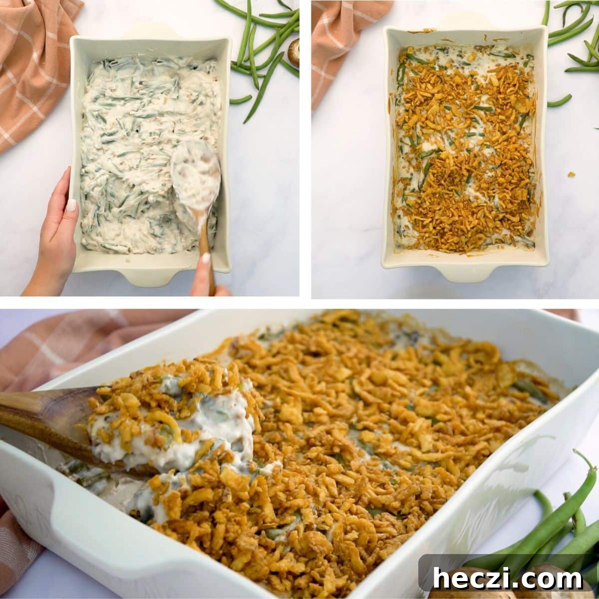 spread green bean casserole mixture in 9x13 pan and bake, then cover with fried onions and bake till golden brown serve warm and enjoy