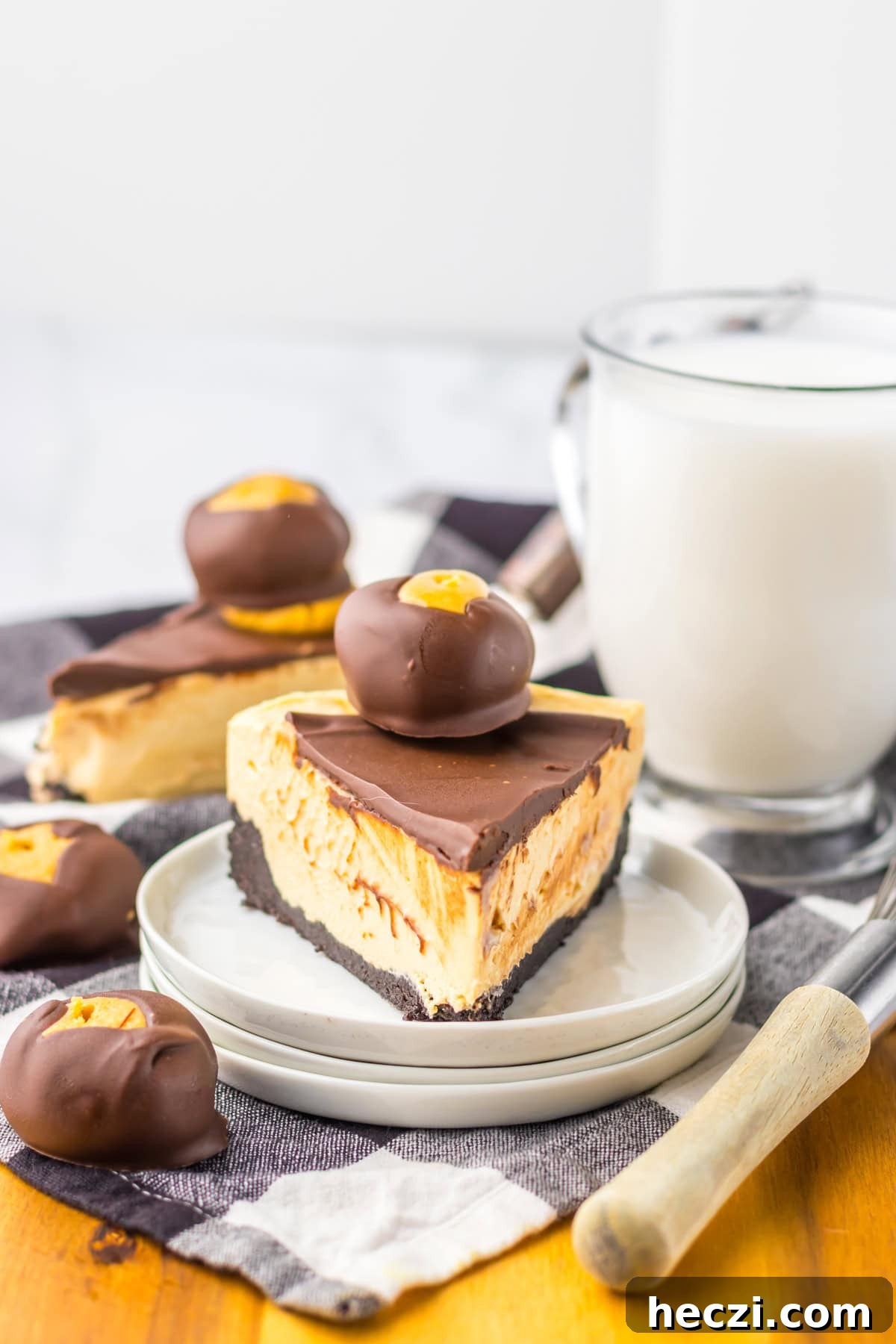 Slice of Buckeye Cheesecake on white plate