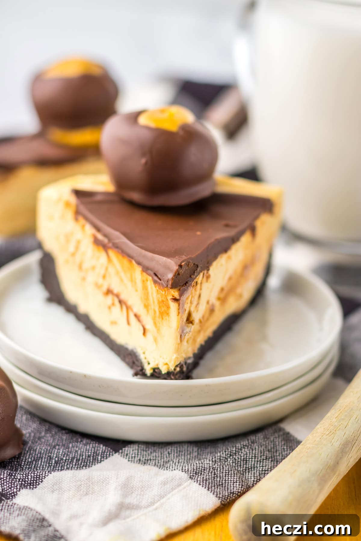 slice of buckeye cheesecake on white plate