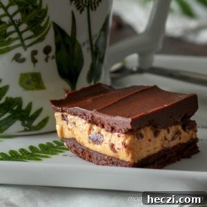 Low carb keto fat bomb layered dessert of chocolate and peanut butter on a white porcelain plate with green botanical ferns and matching coffee cup.