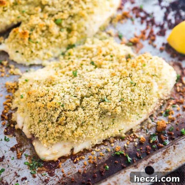 A close up of parmesan crusted fish on a sheet pan.