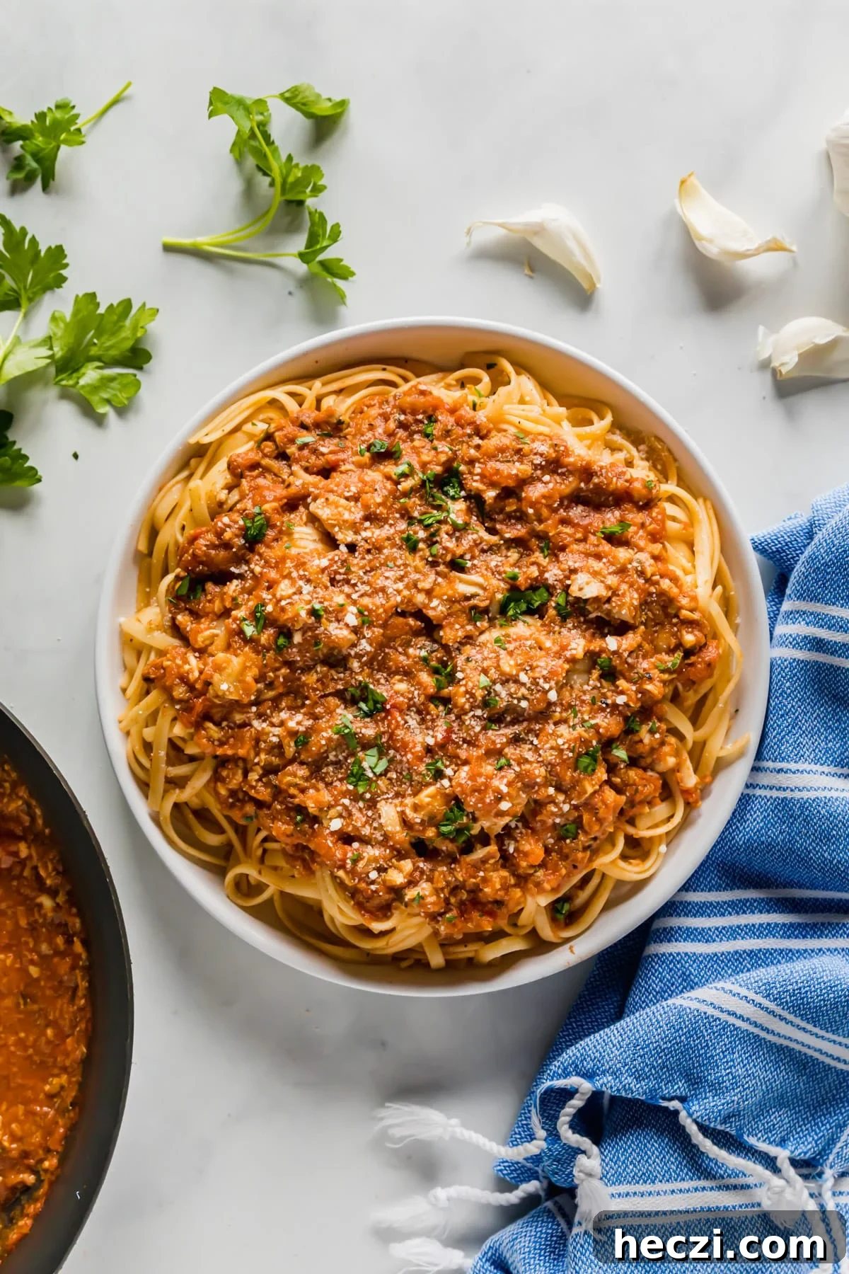 Red Clam Sauce Recipe for Pasta: Simple Italian-Style Sauce 9 An overhead image of a bowl of linguine with clam sauce.