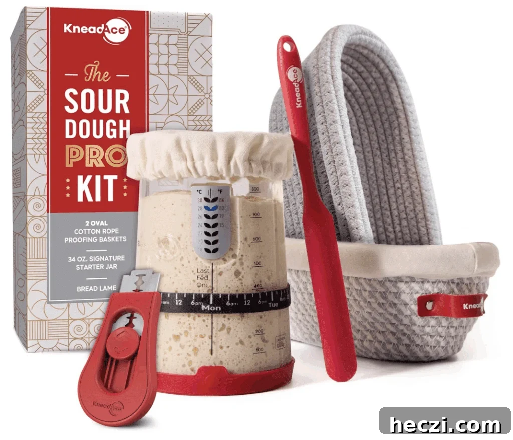 Top Gifts for Sourdough Bakers: 30+ Ideas They'll Love 5 Sourdough starter kit with glass jar, banneton baskets, and bread lame for home baking.