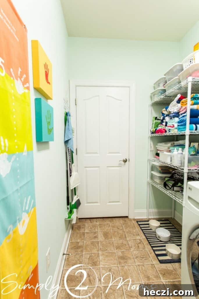 Modern Farmhouse Laundry Room Design Guide: Layouts, Storage & Decor 3 view of laundry room with artwork on leff side with storage shelves on right beyon washer