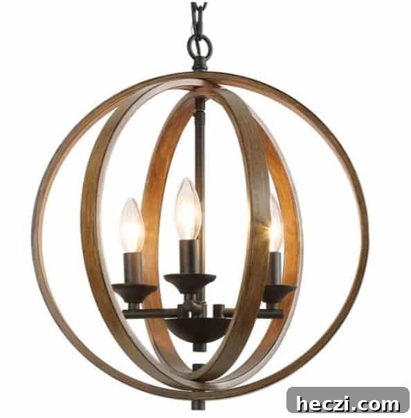 Modern Farmhouse Laundry Room Design Guide: Layouts, Storage & Decor 9 image of sphere shaped light fixture made of wood with metal interior candleabras