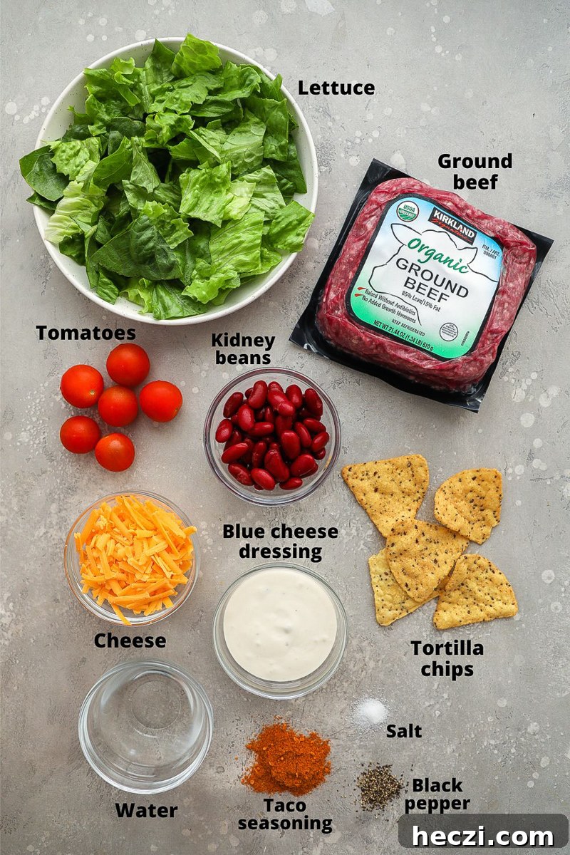 Ingredients used to make taco salad with a zesty taco dressing