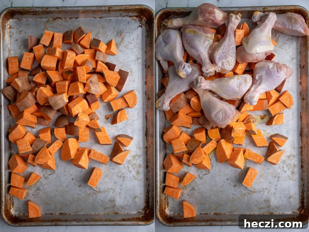 Sheet Pan Chicken Legs with Roasted Sweet Potatoes 6 Collage showing diced sweet potatoes and then chicken legs added to a sheet pan.