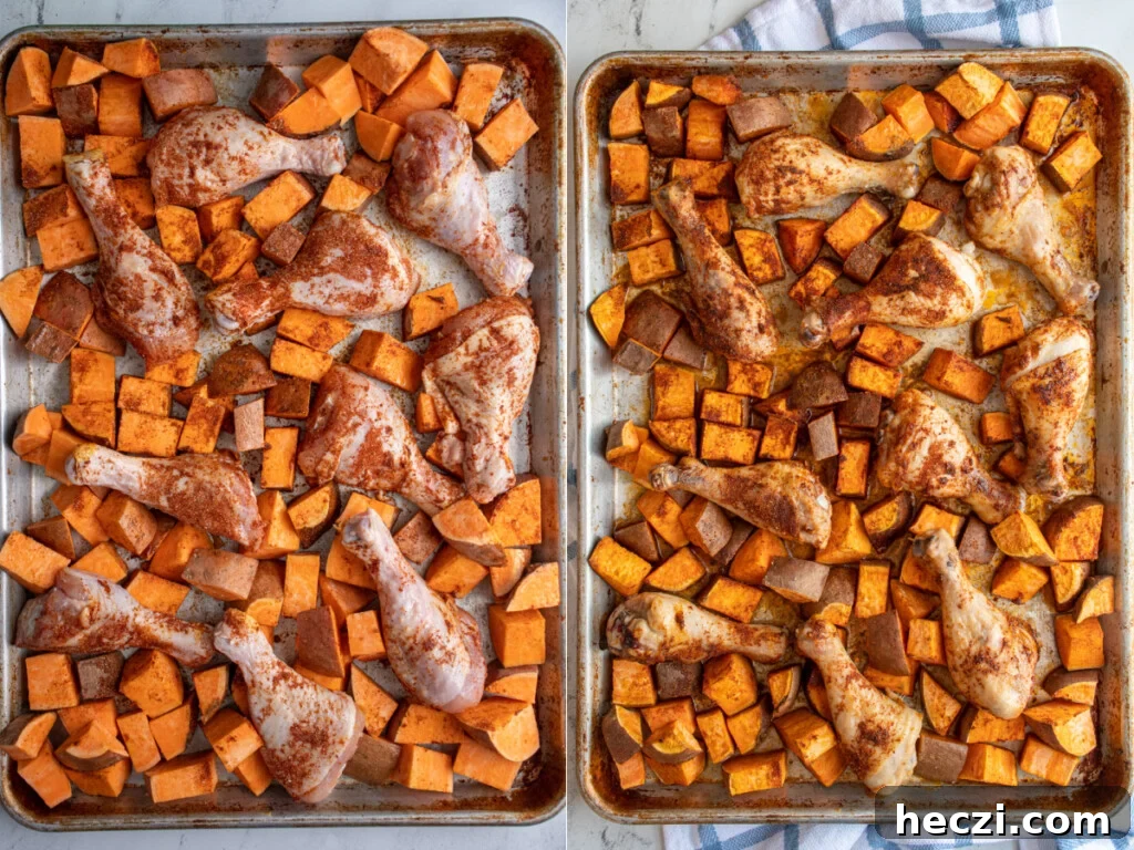 Sheet Pan Chicken Legs with Roasted Sweet Potatoes 7 Collage of sheet pan with chicken legs and sweet potatoes before and after it goes into the oven.