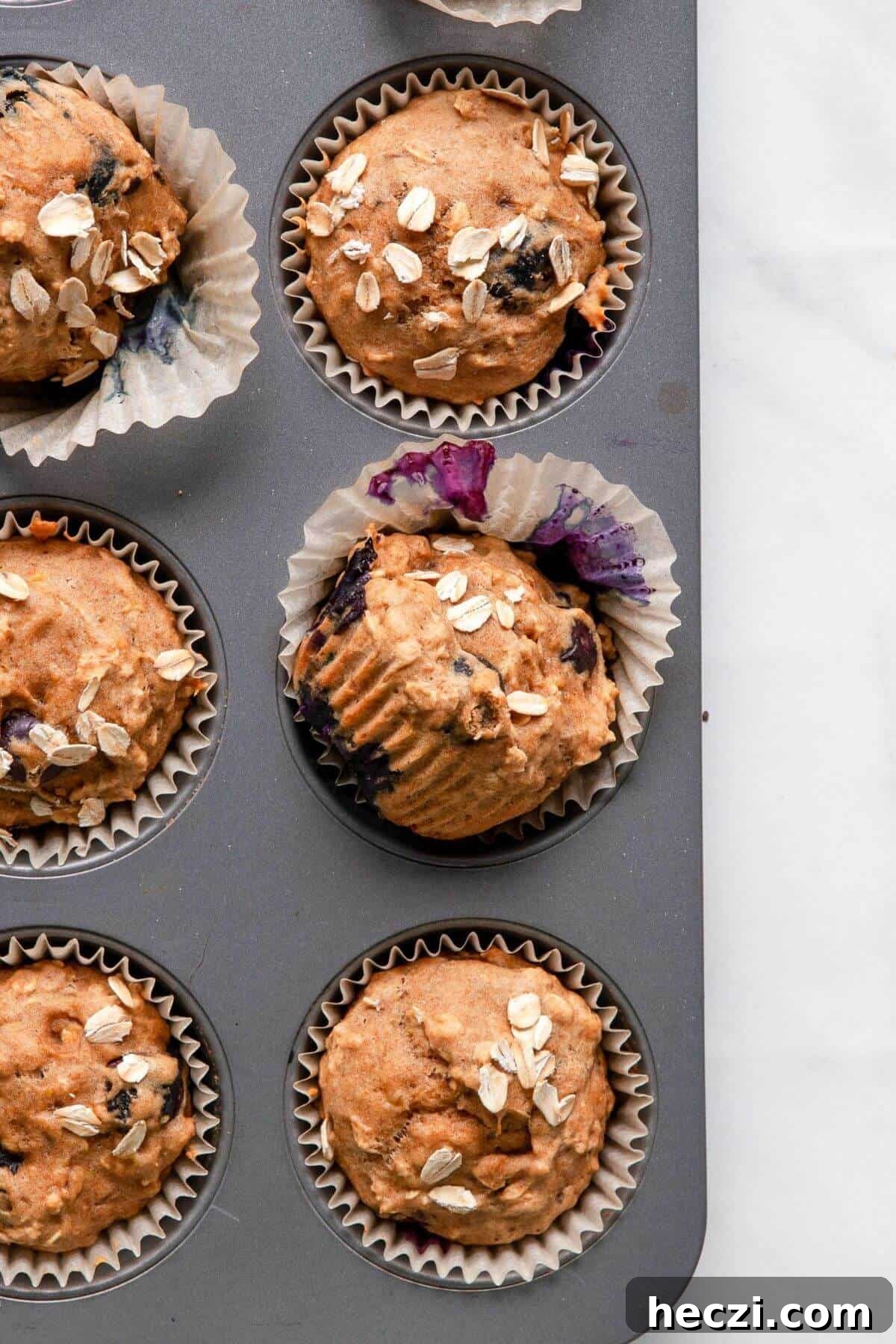 Blueberry Banana Oat Oatmeal Muffins for Breakfast 2 Healthy banana blueberry oatmeal muffins in a muffin tin topped with rolled oats fresh out of the oven.