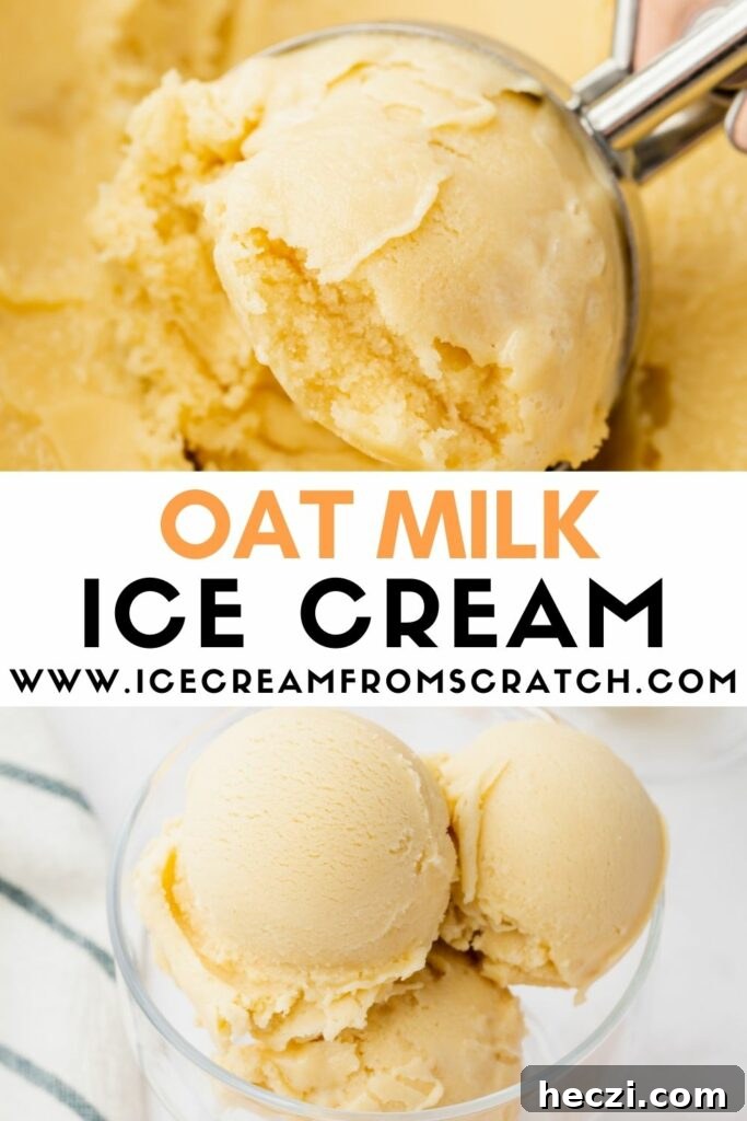 Creamy Oat Milk Ice Cream Recipe — Dairy-Free Frozen Dessert 7 two photos of homemade oat milk ice cream. Text in between them says Oat milk Ice Cream www dot icecreamfromscratch dot com