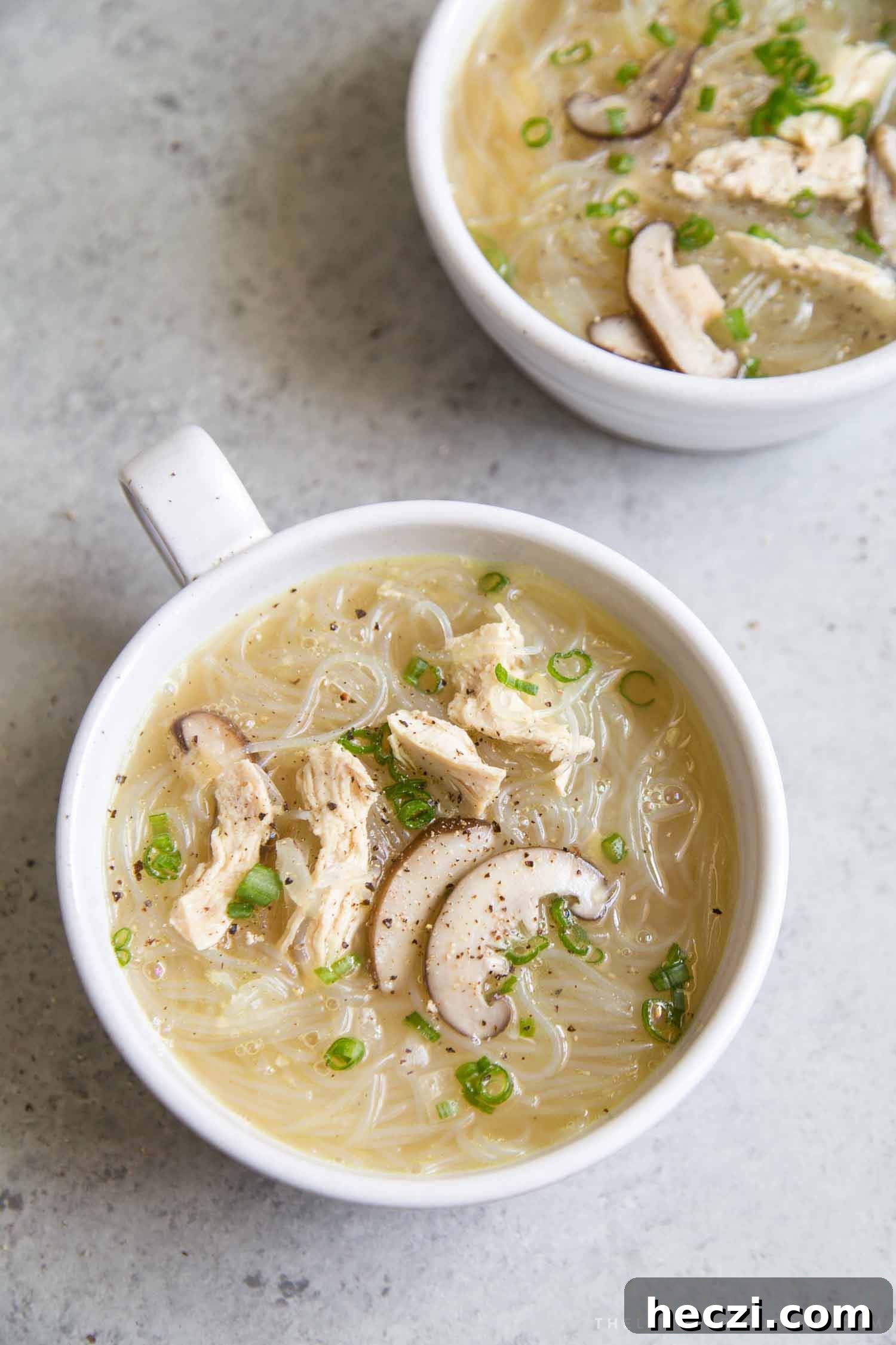 Filipino Chicken Sotanghon Noodle Soup Recipe 2 Chicken Sotanghon Soup in a bowl garnished with black pepper and green onions.