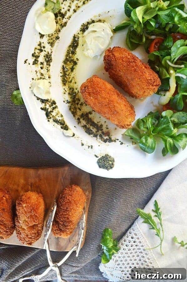 Vegan Supplì: How to Make Italy’s Crispy Fried Rice Balls 2 Two browned rice croquettes on a wooden board and two plated with pesto, aioli and salad on a white plate