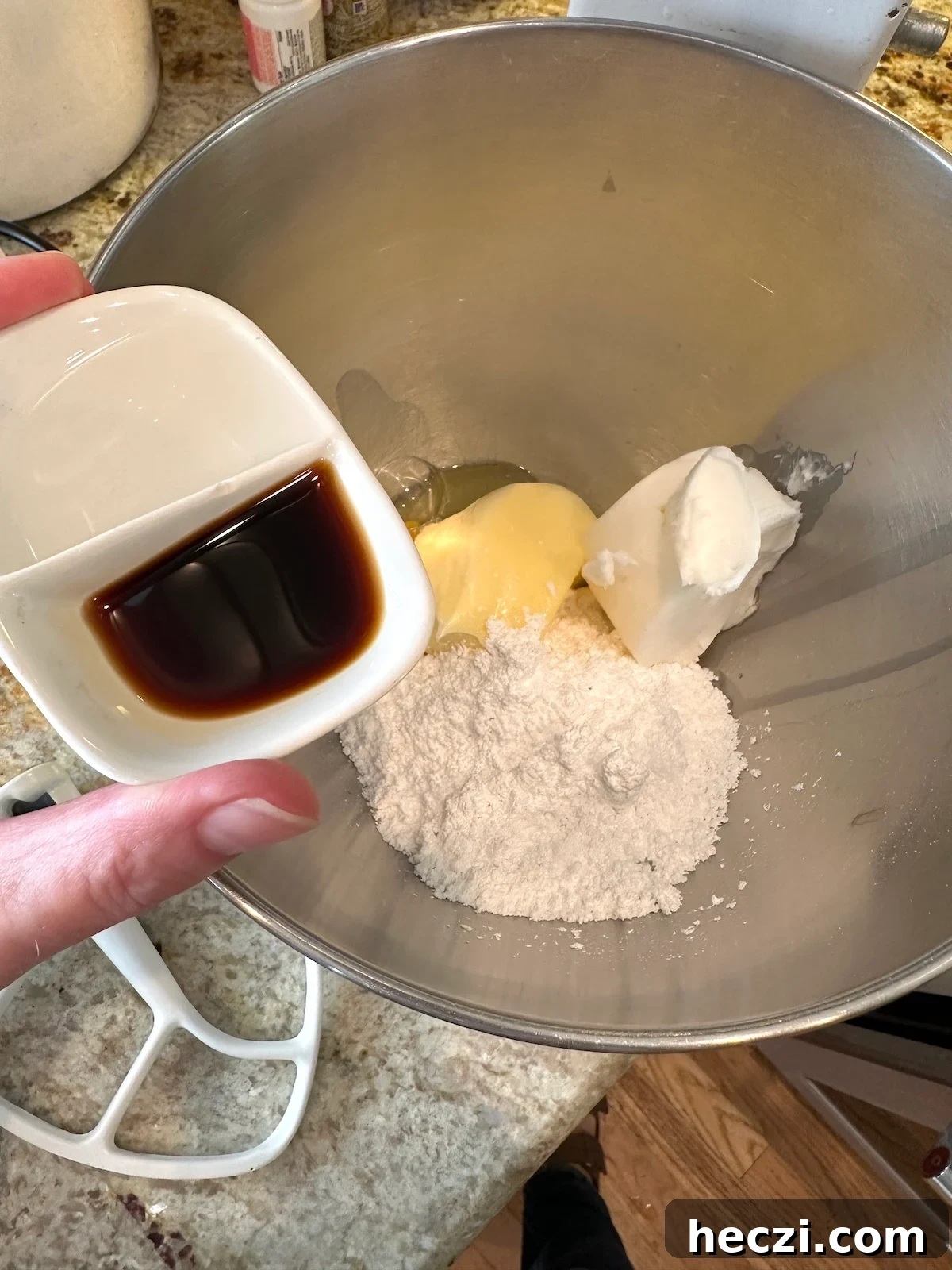 Peppermint Candy Cane Cookies Recipe for Festive Holidays 5 Cookie ingredients are unblended in a mixing bowl.