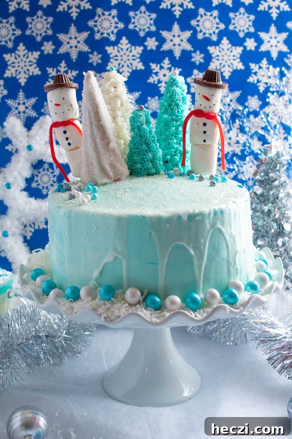 Winter Wonderland Cake with blue and white frosting, marshmallow snowmen and sugar cone trees