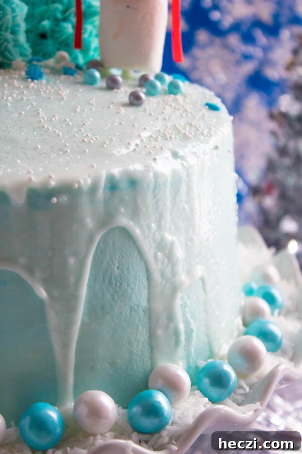 Powdered sugar snow drip on cake