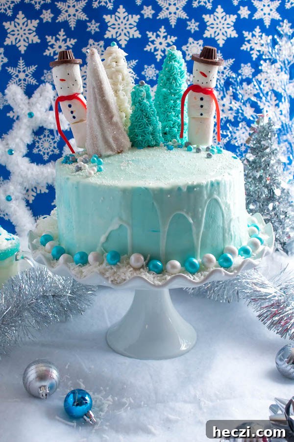 Winter Wonderland Cake decorated with coconut 'snow' and candies