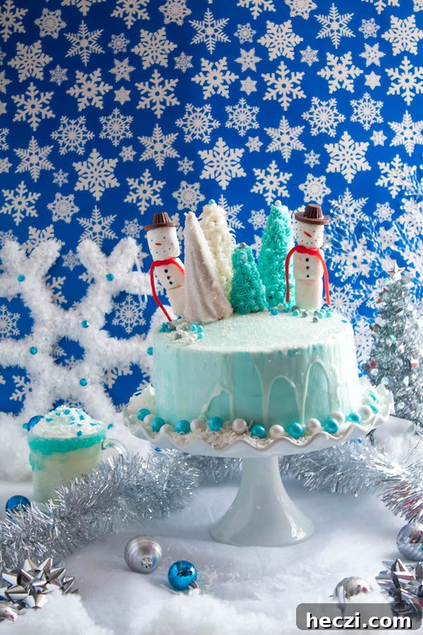 Side view of Winter Wonderland Cake showing snowy decorations