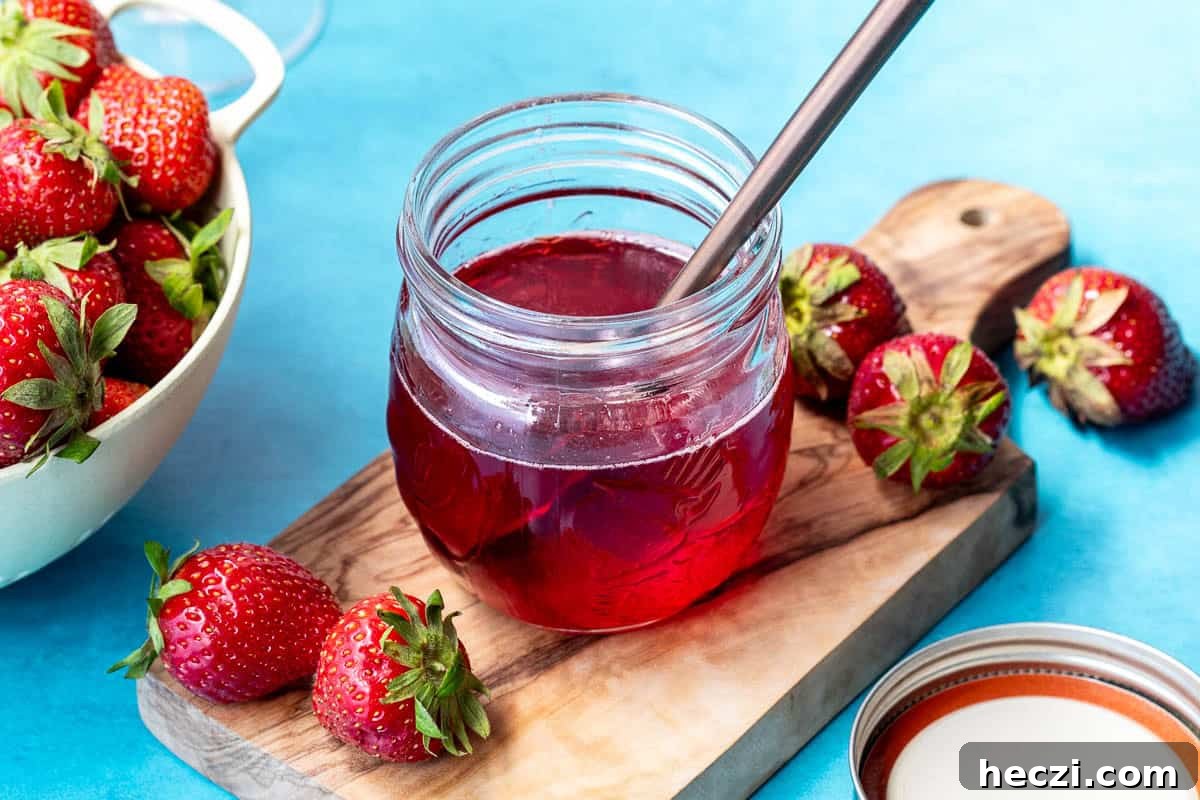 Homemade Strawberry Syrup Recipe for Drinks & Desserts 8 A glass jar of strawberry syrup with a spoon on a wooden board, surrounded by fresh strawberries and a bowl of strawberries on a blue surface.