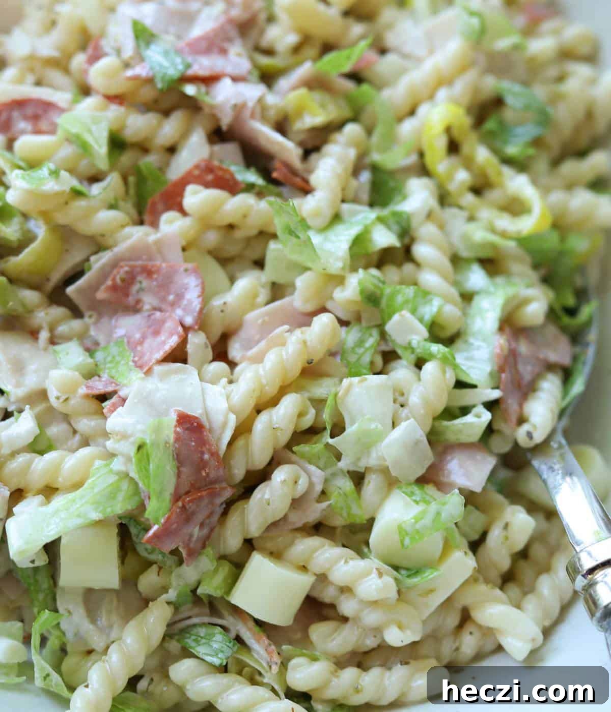 Grinder pasta salad served in bowl. 