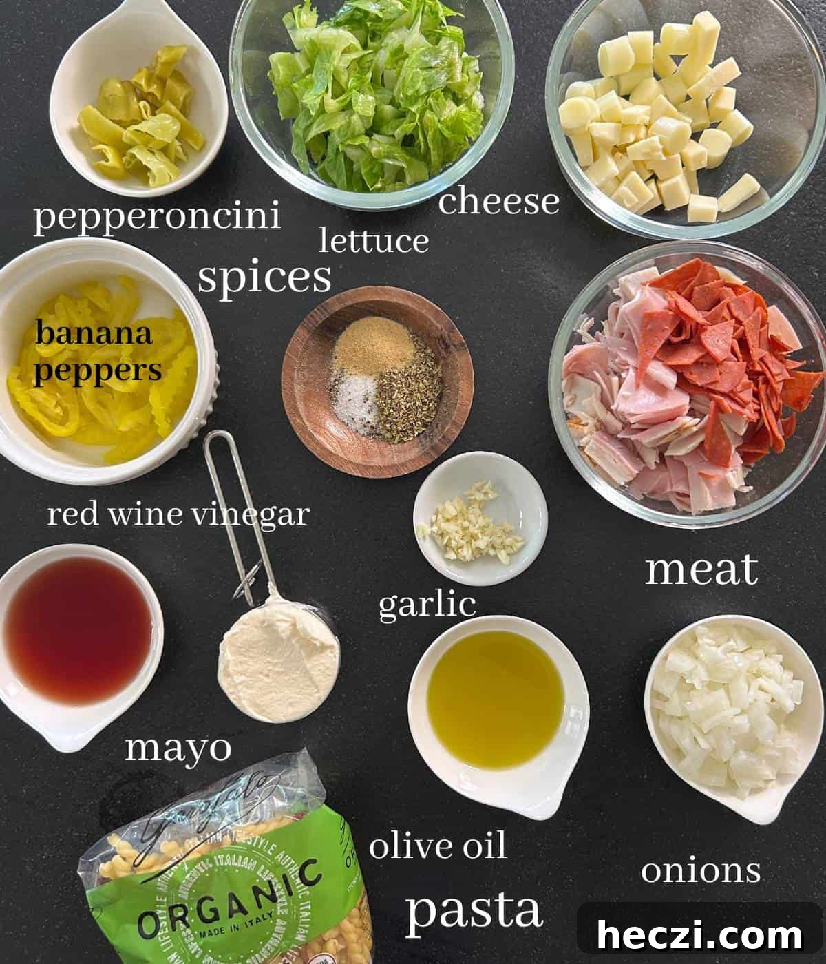 Ingredients for grinder pasta salad.