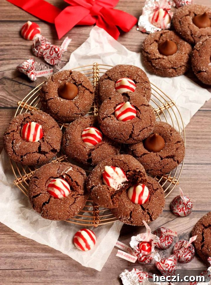 chocolate mint blossom cookies stacked on rack