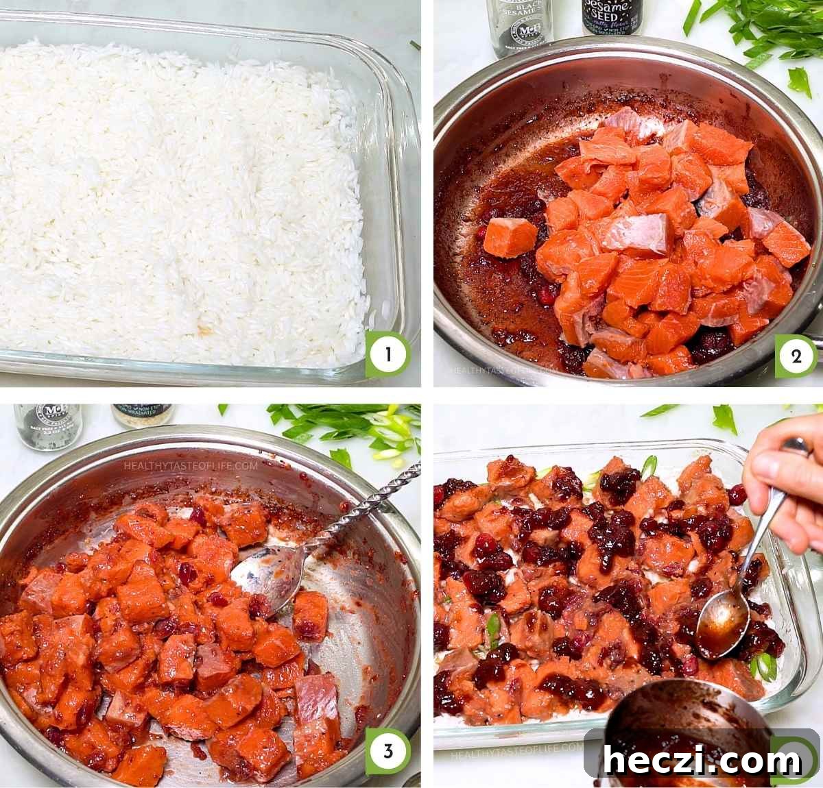 steps 2 collage: Oven-baked basmati rice, cubed salmon marinating in cranberry balsamic sauce spread over the rice.