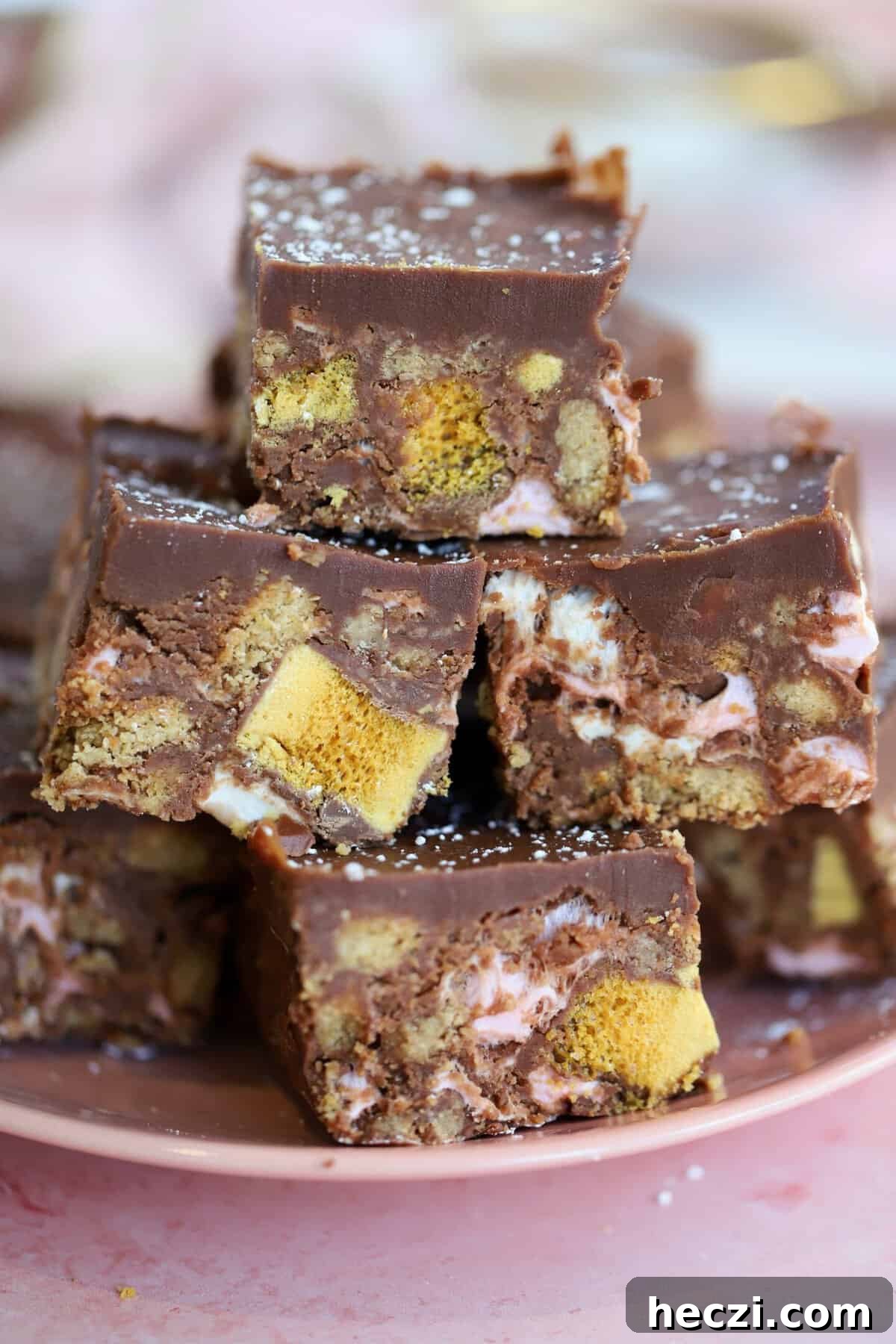 Gluten-Free Rocky Road Brownies Recipe 2 A plate of gluten free rocky roads with Crunchie pieces.