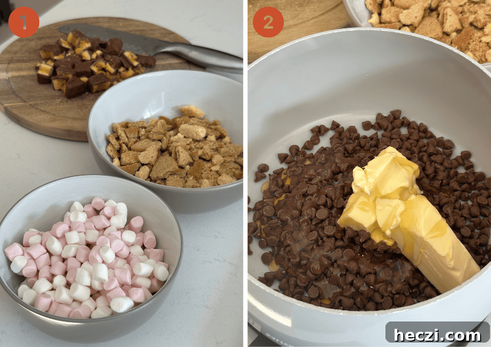 Gluten-Free Rocky Road Brownies Recipe 5 The ingredients for a gluten free rocky road and the chocolate and butter in a pan.
